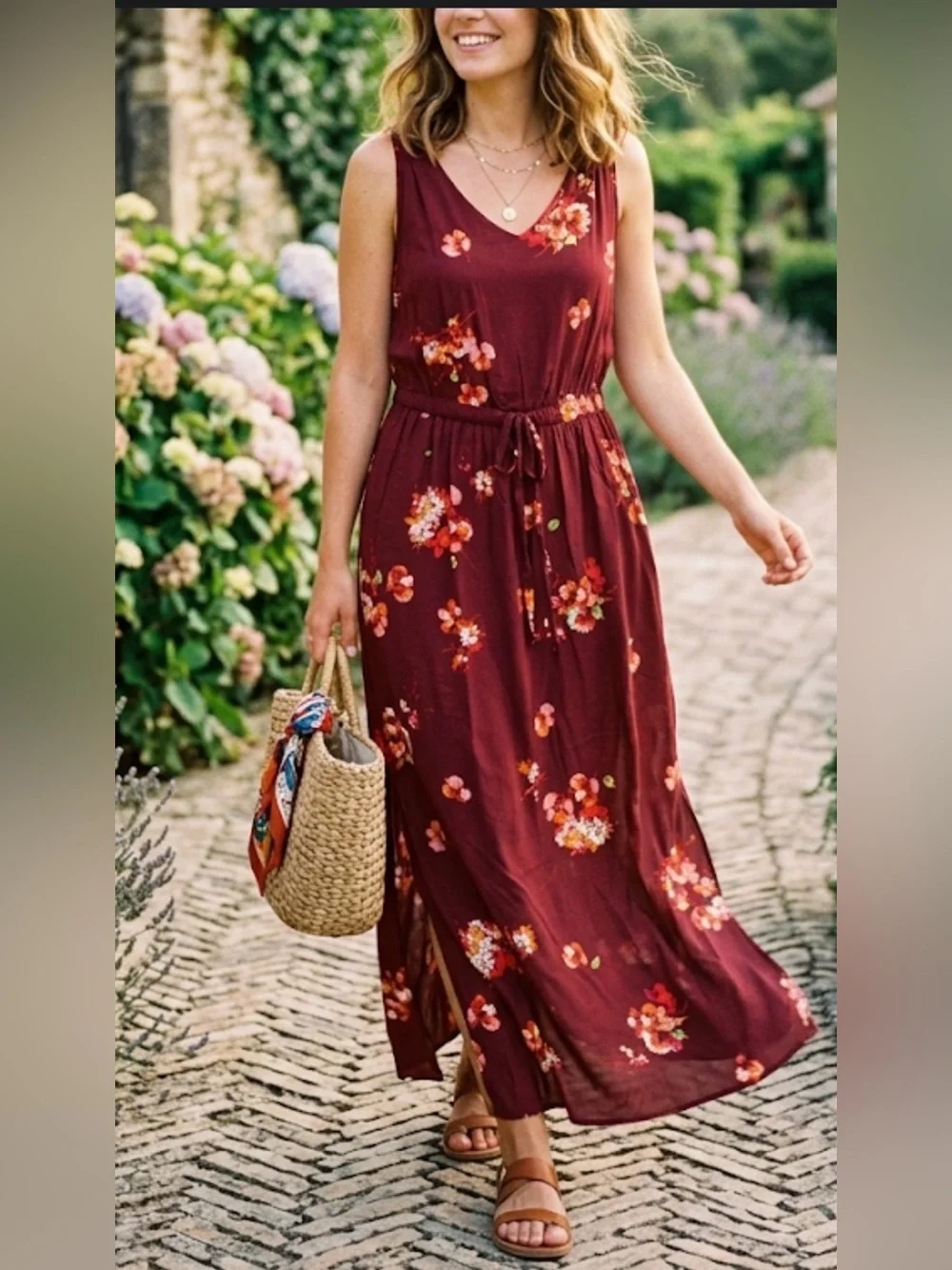 Apt. 9 Burgundy Floral V-Neck Sleeveless Maxi Dress - Picture 1 of 13